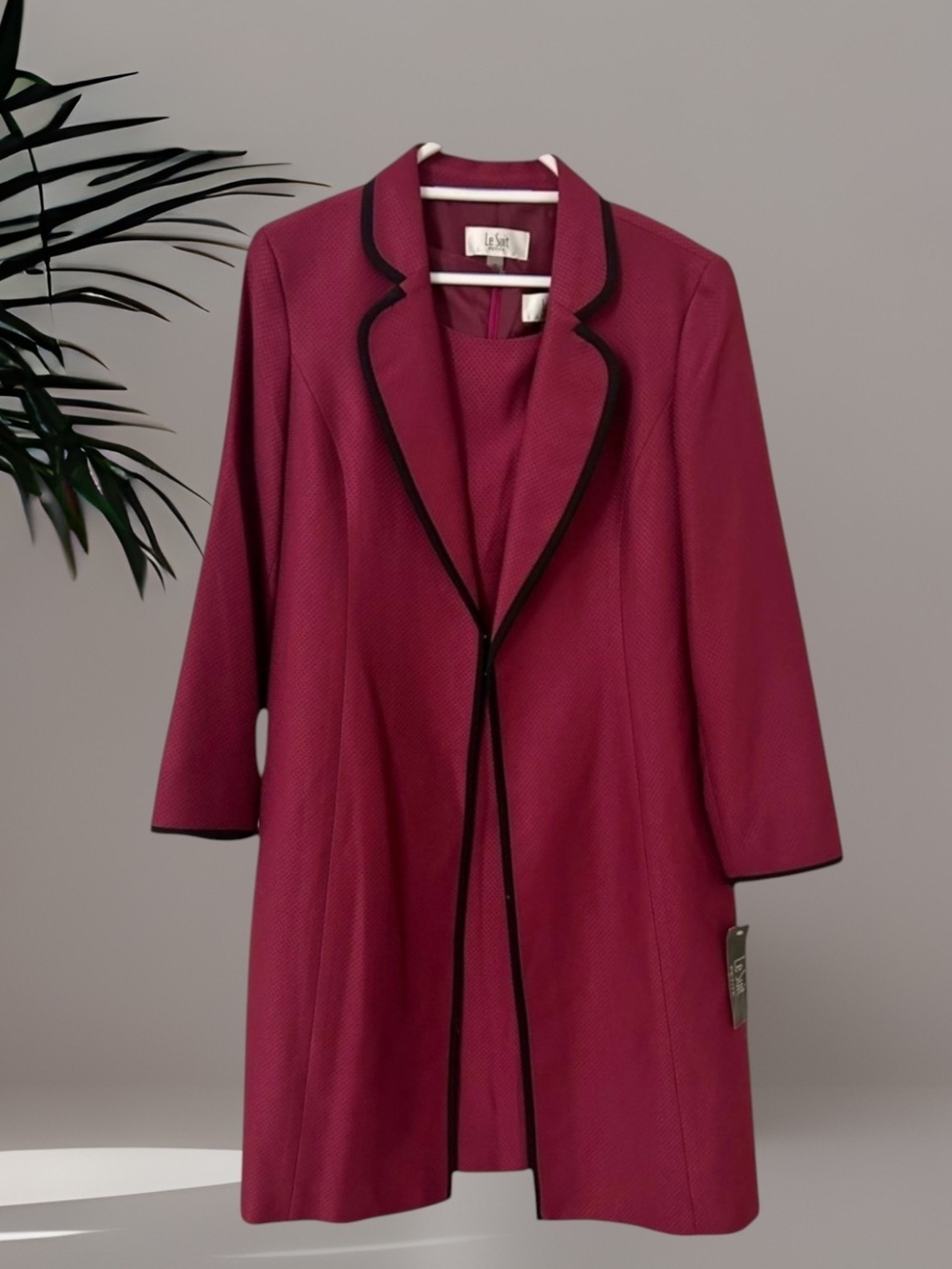 Le Suit Raspberry Pink Midi Dress Jacket with Black Trim